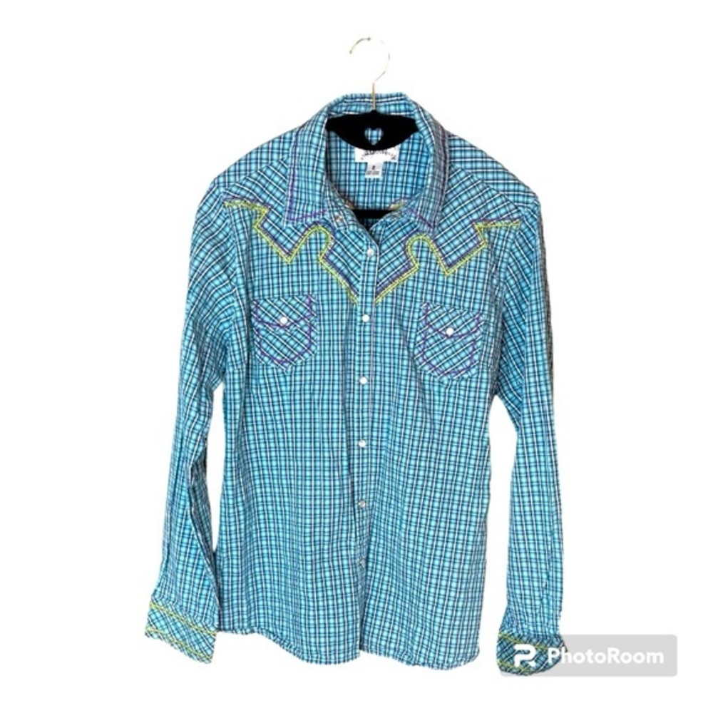 Adiktd Blue Plaid Pearl Snap Button Up with Purple and Green Embroidery Large‎